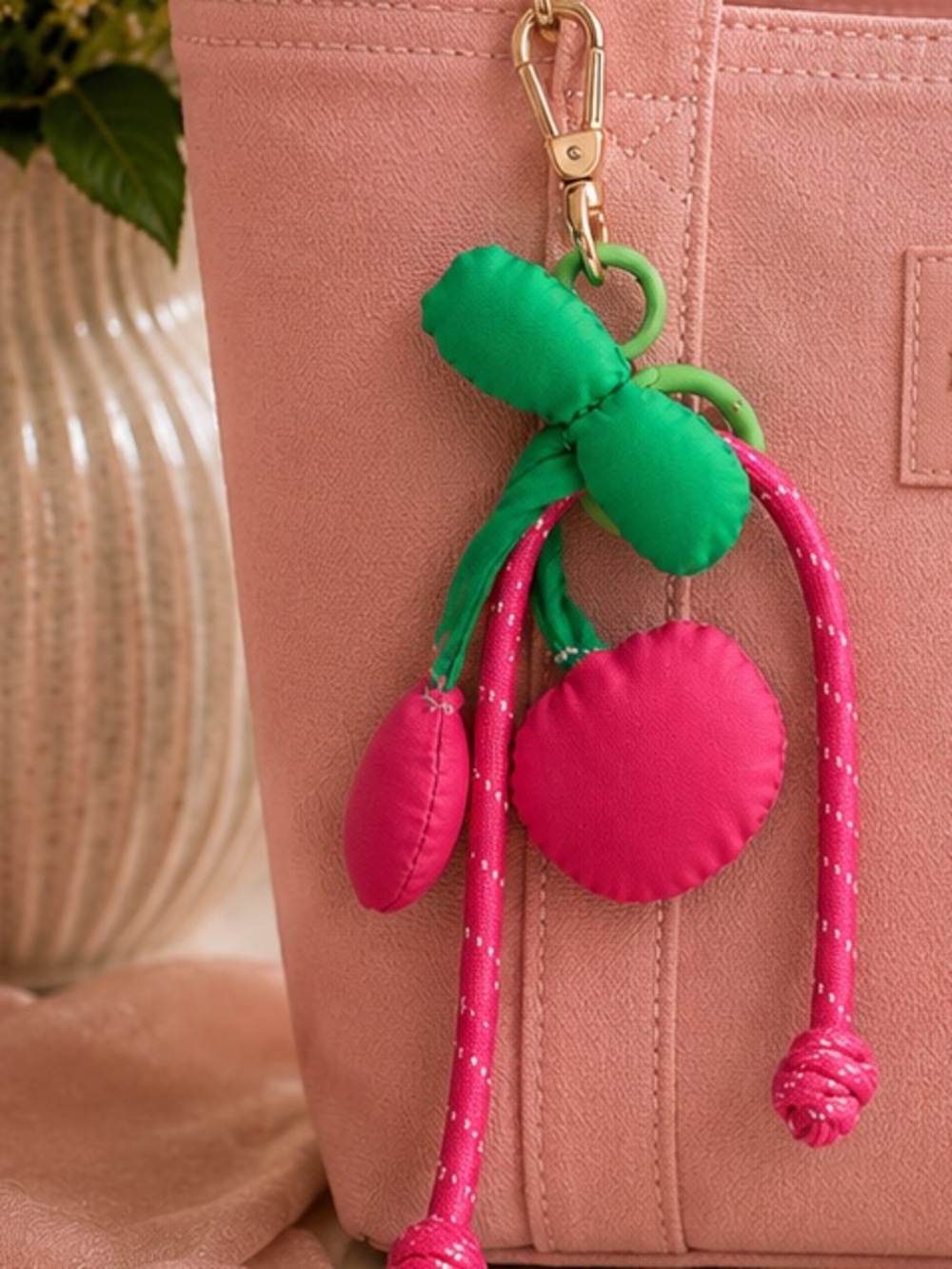 Soft Pink Playful Canvas Cherry Bag Charm - Picture 4 of 4